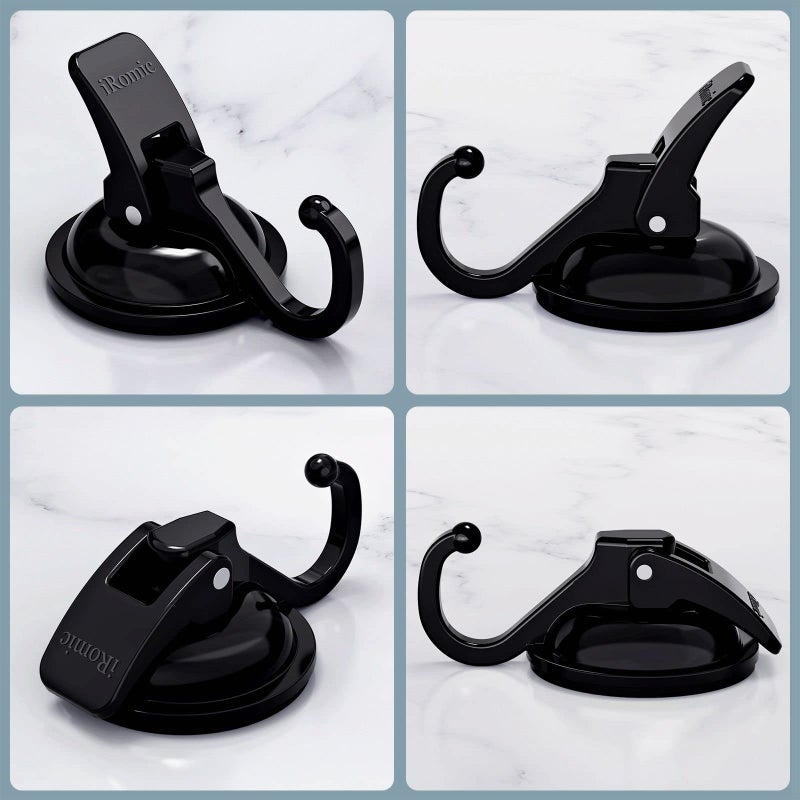 iRomic Heavy Duty Vacuum Suction Cup Hooks (2Pack) for Shower Glass Window Kitchen&Bathroom&Restroom Organization Black. - Image 2